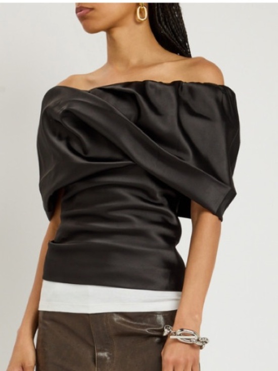 Entire Studios Tops - Entire Studios Barge Top in Black Sateen w Draped Off Shoulder Neck Line Ssense